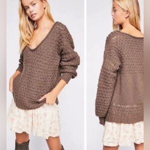 Free People Crashing Waves Chunky Knit Sweater Cocoa Brown XS